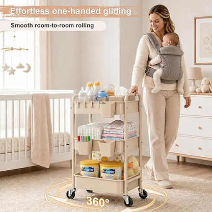 3 Tier Beige Rolling Storage Cart Metal on Wheels, Cream Three Tiered Diaper Caddy with Wheels,Utility Organizer Trolley for Nursery,Postpartum,Art,Craft,Khaki Roller Bedside Carts for Baby Essentials