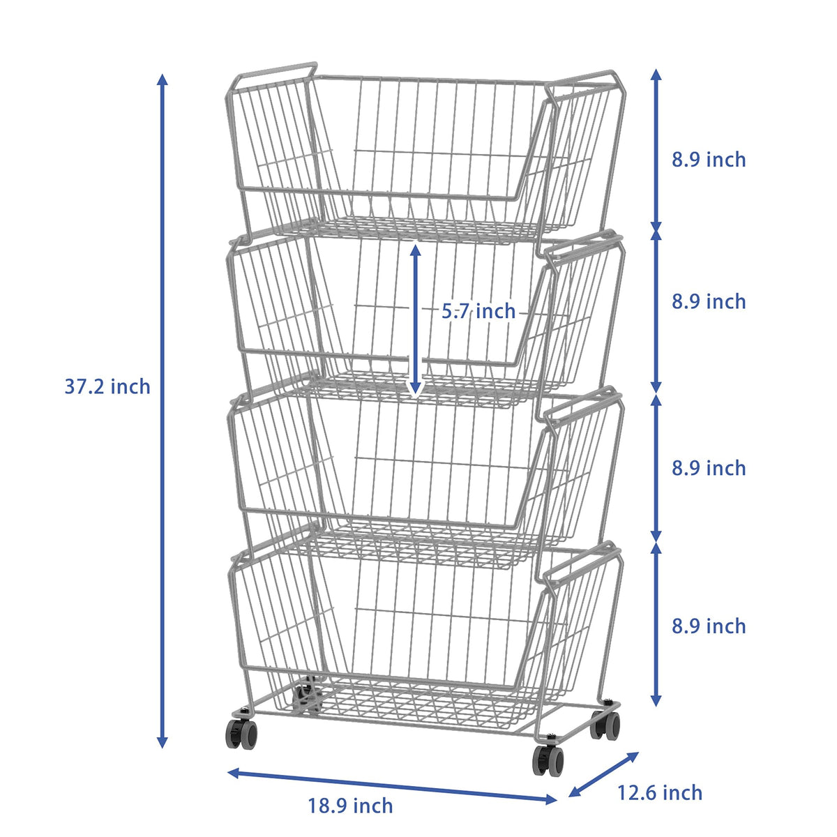 4 Tier Large Stackable Wire Storage Baskets with Wheels (4 Count)
