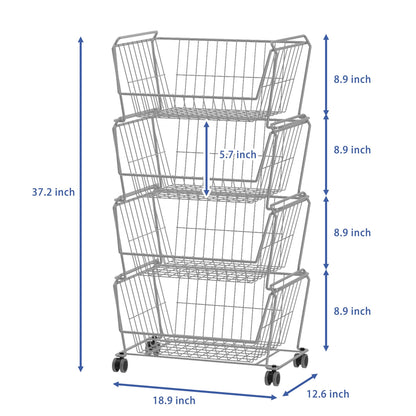 4 Tier Large Stackable Wire Storage Baskets with Wheels (4 Count)