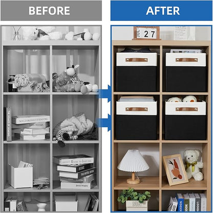 Temary 11 inch Cube Storage Bin 4 Pack Fabric Storage Cubes for Home, Fabric Storage Bin Storage Cube Bins with Leather Handles(White&Black)