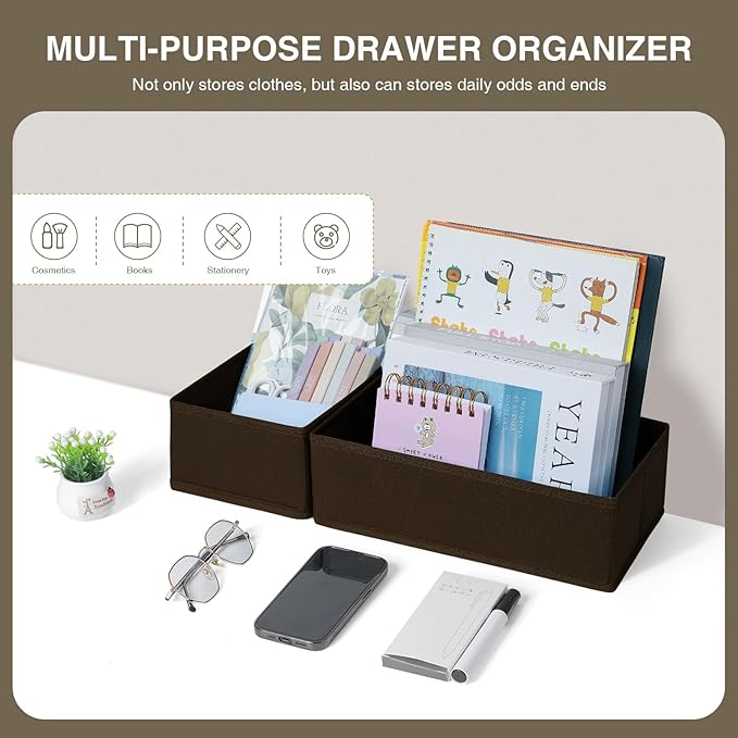 DIMJ Drawer Organizer Clothes, Underwear Drawer Organizer, Set of 4 Foldable Closet Drawer Bins, Fabric Drawer Dividers for Baby Clothes, Socks, Belt, Tie (Brown)