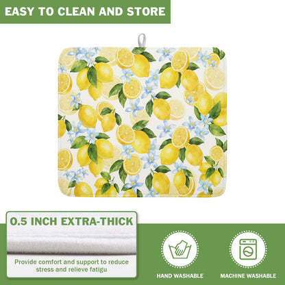 Lemon Dish Drying Mat 16x18 Inch Absorbent Reversible Summer Drying Mat Floral Lemon Fruits Dish Drying Rack Mat Yellow Summer Themed Dish Drainer Mat for Kitchen Counter Coffee Bar