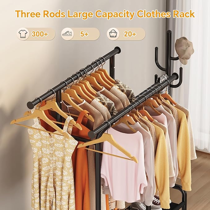 Homeiju Heavy Duty Clothes Rack Load 500LBS, Three Rods Clothing Racks for Hanging Clothes Extendable, Rolling Garment Rack with Sturdy Wheels, Basket, Storage Shelves, Black