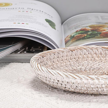 Hipiwe Small Key Basket Bowl for Entryway 7.6" Round Woven Wicker Basket Fruit Serving Tray Woven Basket Wall Decor Rattan Organizer Basket for Keys, Wallet,Whitewash