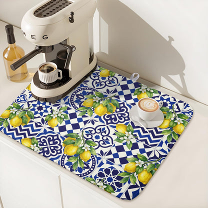 Lemon and Blue Tile Dish Drying Mat 16x18 Inch Absorbent Reversible Mexican Tilt Drying Mat Blue White Italy Lemons Dish Drying Rack Mat Summer Themed Dish Drainer Mat for Kitchen Counter Coffee Bar