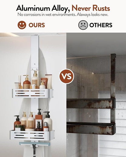 Orimade Aluminum Over the Door Shower Caddy, Rustproof Hanging Shower Organizer, Heavy Duty,Adjustable Height,Safe Rounded Edges, Bottom Plate to Hold Small Items, for Bathroom Storage, 2-Tier Silver