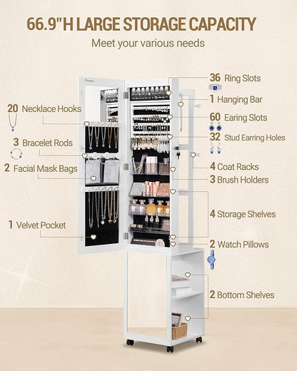 Hzuaneri 8 LEDs Jewelry Cabinet Armoire, 66.9-inch Jewelry Organizer with Garment Rack, Lockable Full-length Mirror with 4 Wheels, Storage Shelves with Hooks, 5-in-1, White and Beige JC17003B