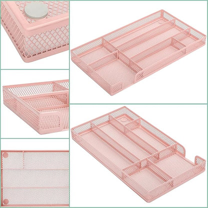 Annova Desk Drawer Organizer Tray for Office Organization - Metal Mesh - Storage Tray with Dividers for Pens, Desktop Accessories, Bathroom, Kitchen, Makeup and Office Supplies (Small, Light Pink)