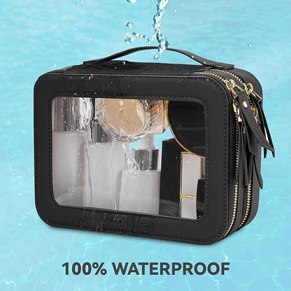Prite Clear Makeup Bags Double Layer Cosmetic Bags with a Separate Brush Compartment Travel Makeup Bag for Women Travel Accessories Organizer for Purse(Black)