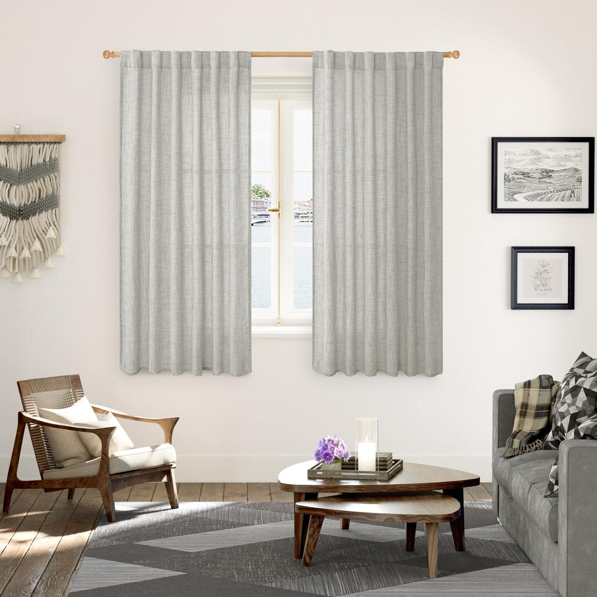 Light Grey Linen Semi Sheer Curtains 52x63 Inch Length for Living Room (2 Count)