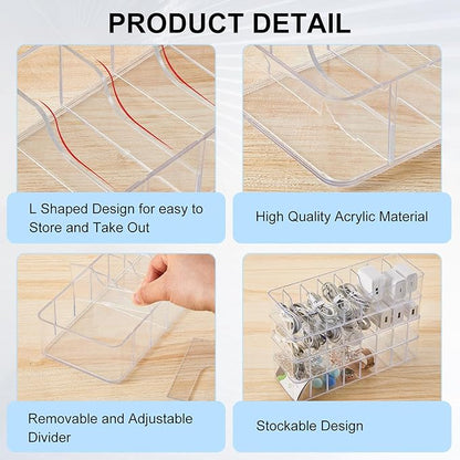 Tatuo 2 Pcs Cable Organizer with 20 Wire Ties, Plastic Cord Storage Charger Box Electronics Organizer with Adjustment Compartments Cable Storage for Drawer Home Office Desk Accessories (Clear)