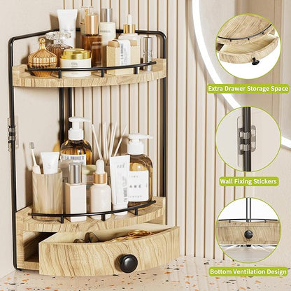 2-Tier Corner Bathroom Countertop Organizer with Drawer, Wooden Vanity Organizers for Makeup and Skincare Storage, Corner Counter Shelf with Embedded Screw Holes, Light Brown