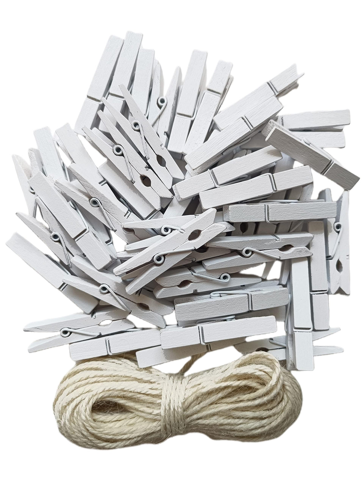 1.9 Inch White Small Clothes Pins Paper Picture School Work Holders Baby Shower Clothing Line Clips with Twine Pack 50 (50 Count)
