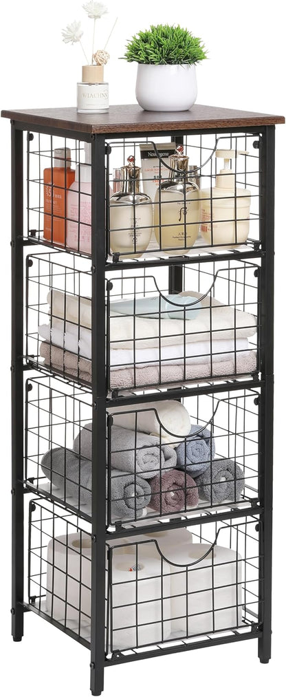 DINGTAI 5-Tier FreeStanding Storage Shelves with 4 Pull-Out Baskets,Bathroom Organizer Shelves Unit with WoodTop,Fruit Basket for Kitchen,Storage Tower Organizer Basket Cart for Bathroom，Black