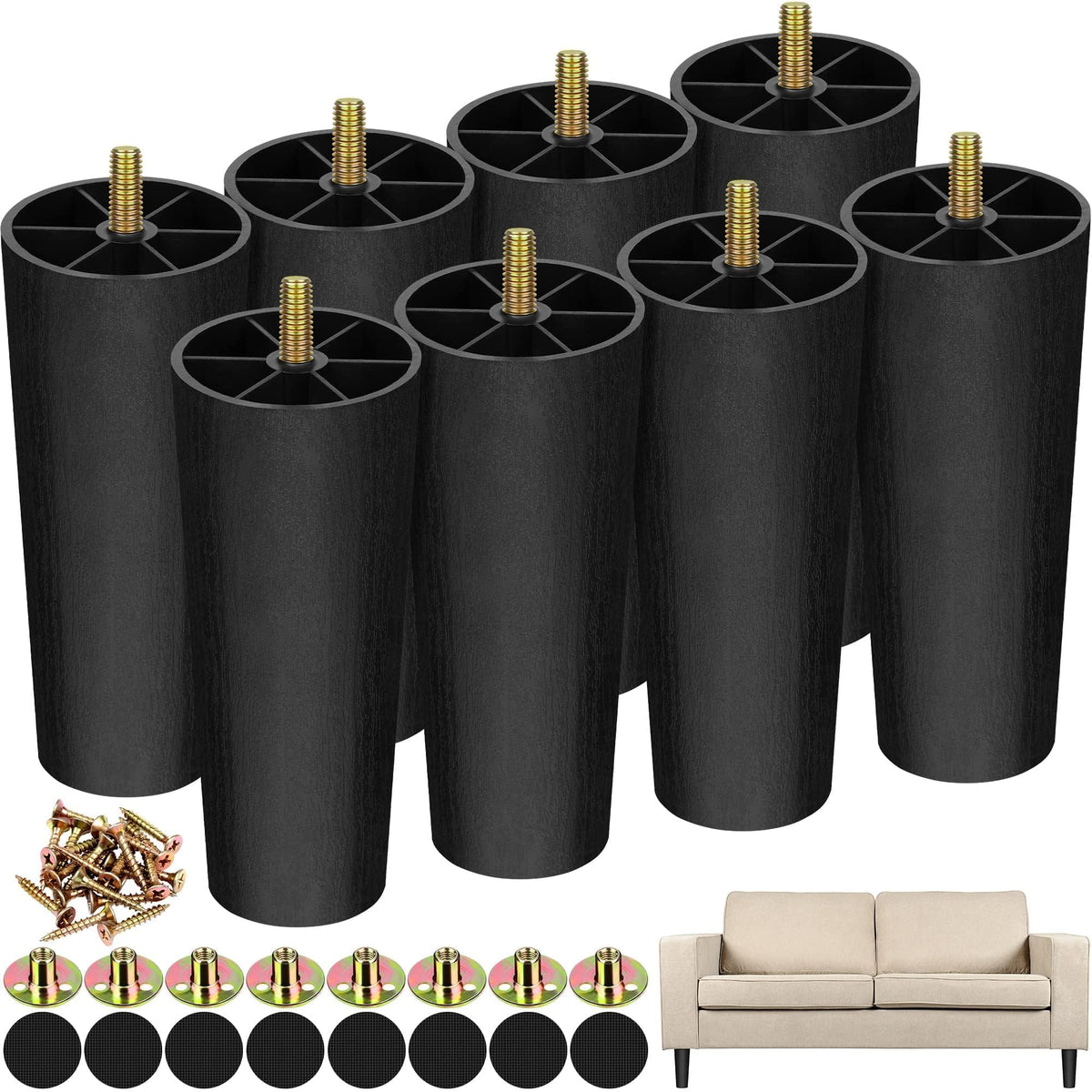 16 Pack 6 Inch Plastic Furniture Legs with M8 T (16 Count)