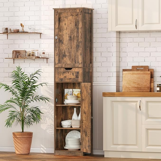 Iwell 67" Tall Storage Cabinet, Bathroom Cabinet with Drawer & Adjustable Shelves, Narrow Storage Cabinet, Floor Cabinet for Living Room, Home Office, Rustic Brown