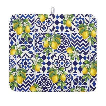 Lemon and Blue Tile Dish Drying Mat 16x18 Inch Absorbent Reversible Mexican Tilt Drying Mat Blue White Italy Lemons Dish Drying Rack Mat Summer Themed Dish Drainer Mat for Kitchen Counter Coffee Bar