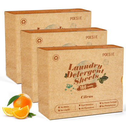 Laundry Detergent Sheets Citrus Scent 3 Pack 480 Sheets 240 Loads Zero Plastic Portable Green Package Liquid Less HE Washing Detergent Strips for Save Place Traveling (480 Count)