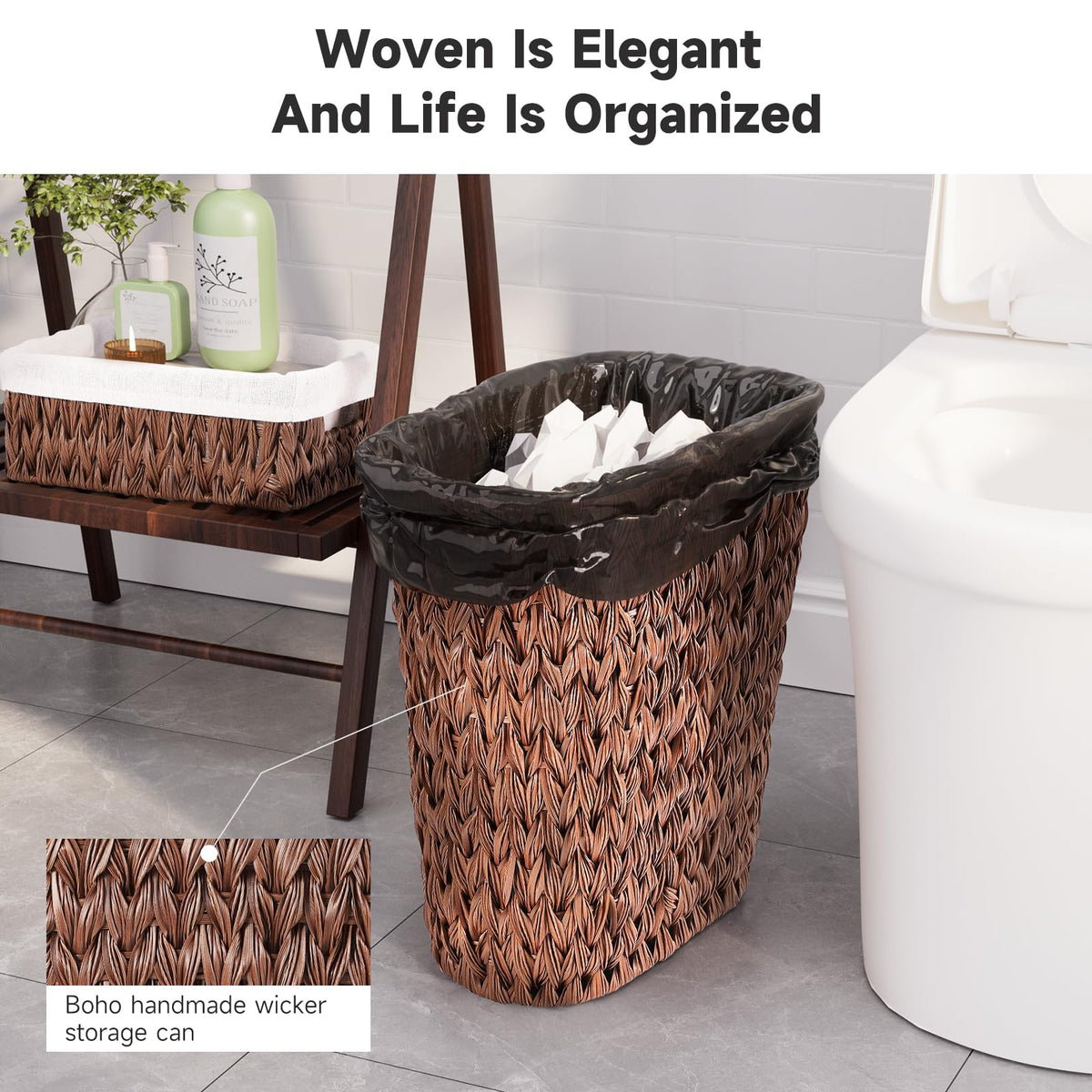 Bathroom Trash Can with Wicker Storage Baskets