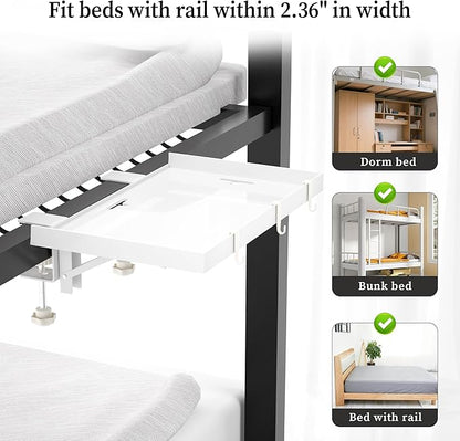 Foldable Bedside Shelf, Metal Clip-On Bed Tray Table for Bunk Bed & Dorm Beds, Dorm Room Essentials Organizer for College Students, Floating Tray, Space Saving Nightstand for Loft Beds (White, Large)