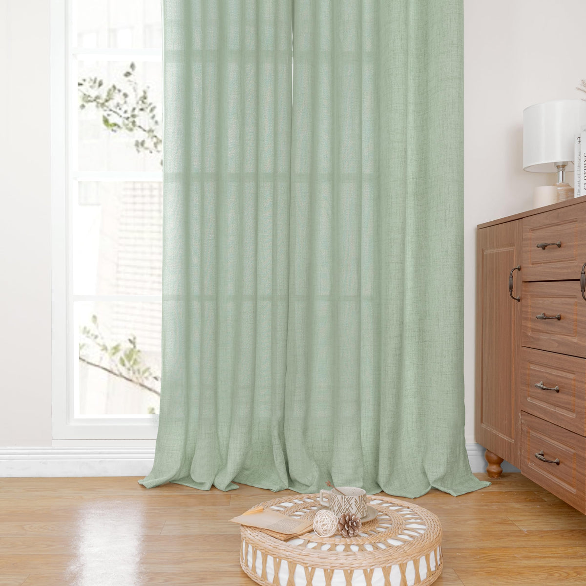 Sage Green Linen Semi Sheer Curtains 72 Inch Length 2 Panels (2 Count)