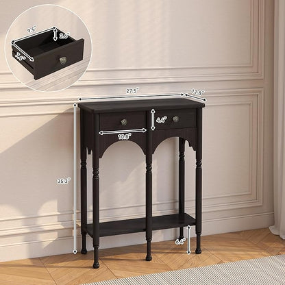 Console Table with 2 Drawers & Shelf, 28" Mid-Century Modern Entryway Table, Retro 2-Tier Sofa Table, Wooden Accent Table for Living Room, Hallway, Black