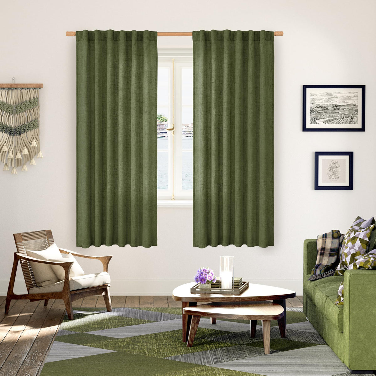 Olive Green Linen Curtains 63 Inch Length for Living Room (2 Count)