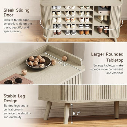 ONBRILL Shoe Cabinet with Sliding Door, 5-Tier Hidden Shoe Rack with Adjustable Shelves, Wooden Shoe Storage Organizer with Open Bottom Space, Freestanding Shoe Shelf for Entryway (Natural White)