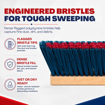 24" Heavy Duty Outdoor Push Broom with 60" Handle. Ideal for Asphalt