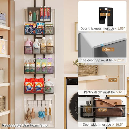 Hongtamoya Adjustable Over The Door Organizer, Closet Door Organizer Heavy Duty Hanging Door Storage with 4 Metal Baskets and PVC Pocket, Behind Organizer for Bathroom Closet Bedroom Cabinet, Black