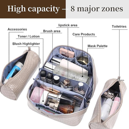 BOYATU Travel Makeup Bag Cosmetic Bags for Women: 3 Pcs Set Large Capacity Make up Bag with Handle - Crocodile Pattern Vegan Leather Toiletry Bags Travel Essentials with Compartments(E-5-Apricot)