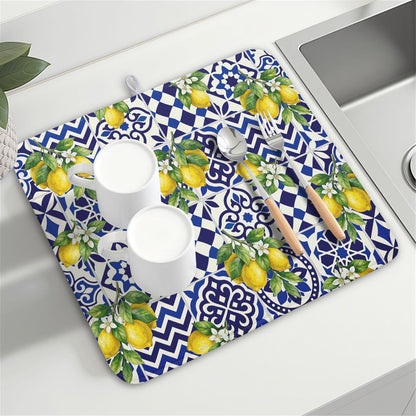 Lemon and Blue Tile Dish Drying Mat 16x18 Inch Absorbent Reversible Mexican Tilt Drying Mat Blue White Italy Lemons Dish Drying Rack Mat Summer Themed Dish Drainer Mat for Kitchen Counter Coffee Bar