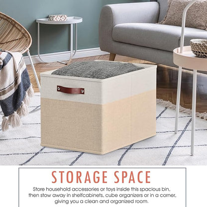 Ornavo Home 13 x 15 x 13 Kallax Storage Cube Bins, Foldable Collapsible Fabric Storage Bins Box Linen Shelf Basket Cube Organizer for Closet with Leather Handles, 6 Pack, White/Khaki