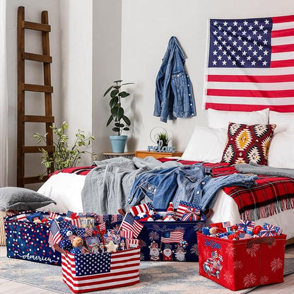 CHENGU 6 Pack 4th of July Storage Baskets Collapsible Patriotic Bins for Gifts 250th Independence Day Red Blue White Large Gnomes Basket Foldable American Flag Box with Handle for Party Bedroom Home