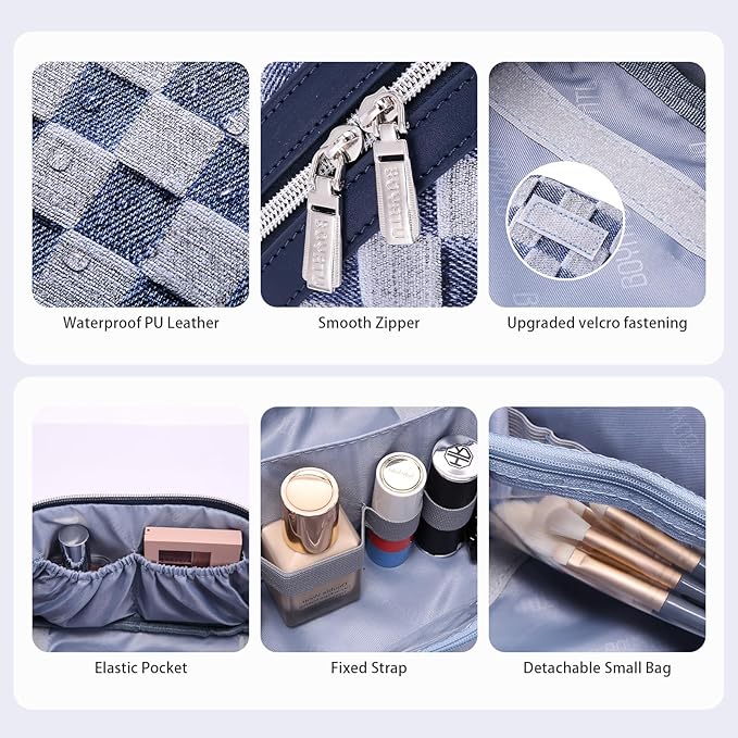 BOYATU Travel Makeup Bag for Women: Large Cosmetic Bag Set of 3 - PU Leather Make up Bag with Compartments - Compact Waterproof Toiletry Bag with Divider & Handle (D-5-Deep Blue)