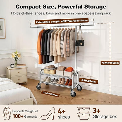 Heavy Duty Clothing Rack with Shelves, 660 LBS Capacity Rolling Metal Clothes Rack with Lockable Wheels, Garment Rack for Bedroom, Laundry Room, Portable Closet Organizer, Silver