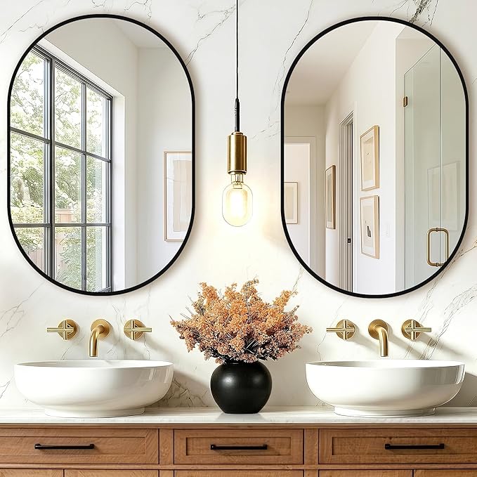 TRAHOME Oval Bathroom Mirror, 2 Pack 20"x30" Black Vanity Mirror for Over Sink, Bedroom, Living Room, Entryway, Modern Mounted Metal Frame Wall Mirror