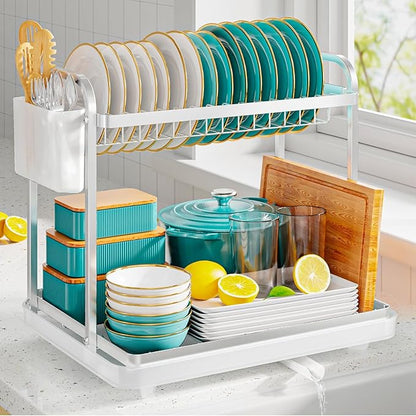 Sakugi 2-Tier Dish Drying Rack - Stainless Steel Dish Rack with Cutlery & Utensil Holders for Kitchen Counter, Sink Organization and Storage for Small Family, 15" W x 11.4" L x 15" H, Silver