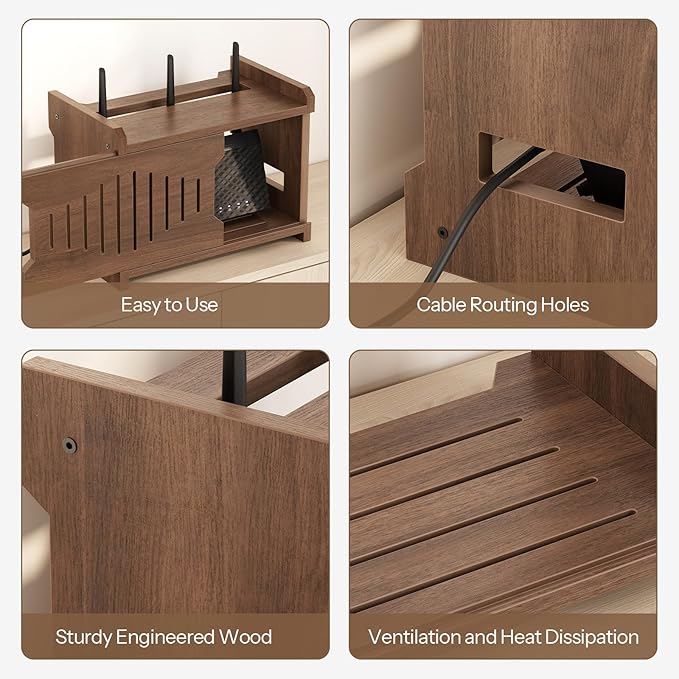 HOOBRO Wi-Fi Router Box Hider, WiFi Router Storage Box with Cable Management & Ventilation, Decorative Router Cover for Modem, Power Strip & Wires, Space Saving Tabletop Shelf, Walnut WL125CJ01
