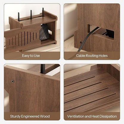 HOOBRO Wi-Fi Router Box Hider, WiFi Router Storage Box with Cable Management & Ventilation, Decorative Router Cover for Modem, Power Strip & Wires, Space Saving Tabletop Shelf, Walnut WL125CJ01