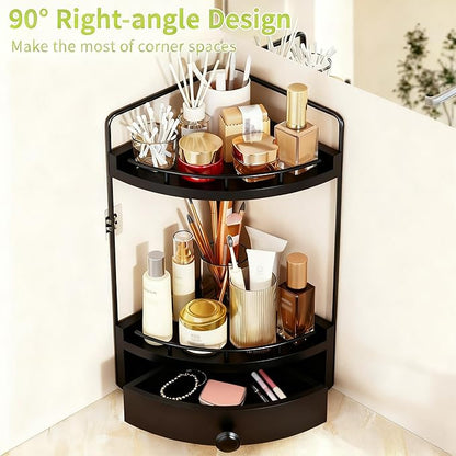 2-Tier Corner Bathroom Countertop Organizer with Drawer, Wooden Vanity Organizers for Makeup and Skincare Storage, Corner Counter Shelf with Embedded Screw Holes, Black