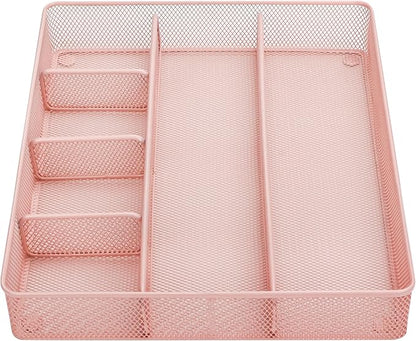 Annova Desk Top Organizer Tray for Office Organization - Metal Mesh - Storage Tray with Dividers for Pens, Desktop Accessories, Bathroom, Kitchen, Makeup and Office Supplies (Large, Light Pink)