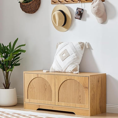BERRYMERRY 39.4" Fluted Shoe Storage Bench for Entryway,2 Tier Shoe Cabinet Bench with Adjustable Shelf,Bench for Bedroom End of Bed (Natural, 13.8”D x 39.4”W x 18.5”H)