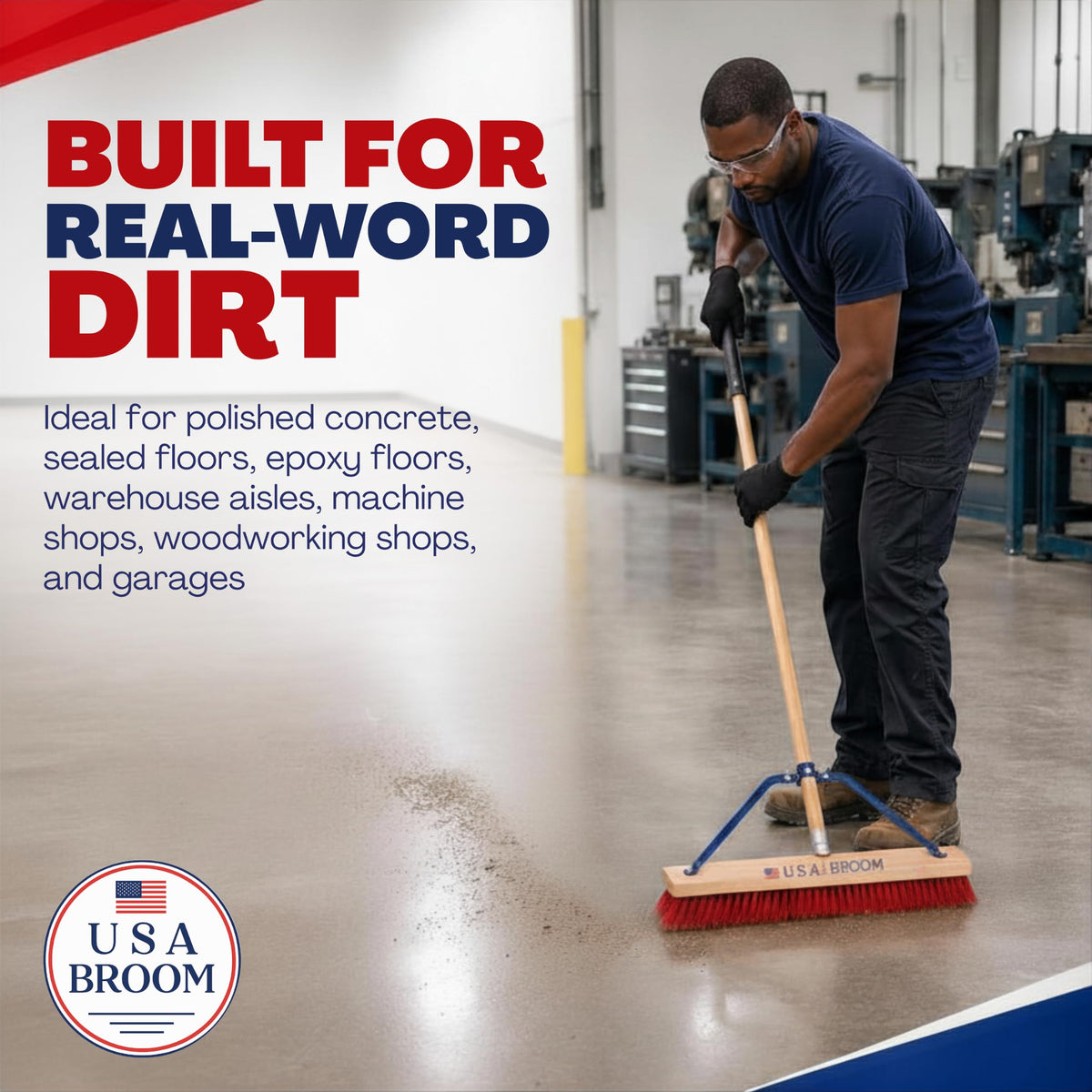 2-Pack - 24" Soft Sweep Indoor Push Broom with 60" Handle. Ideal for Epoxy & Polished Floors. Durable American Made Steel Brackets-Stainless Steel Hardware. No Plastic. 100% USA Made