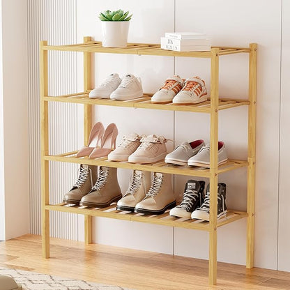 Smiry Bamboo Shoe Rack, 4 Tier Free Standing Wooden Shoe Organizer, Stackable Wood Shoe Storage Shelf for Closet, Entryway, 12 Vertical Slats, 2+2 Stack Standard Legs, 26.8"x11"x26", Natural