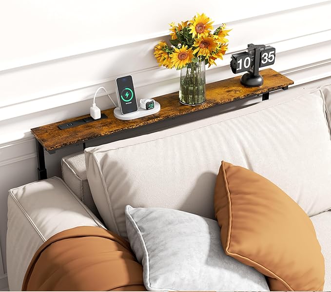 GRLEAF 45" Adjustable Height Narrow Console Table with Power Outlets, Long Sofa Table with Charging Station Behind Couch Table Skinny Entryway Table for Living Room, Hallway and Office – Rustic Brown
