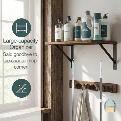 Broom and Mop Organizer Wall Hanging with Cleaning Supplies Organizer Shelf Rustic Farmhouse Wood Broom Mop Holder Storage Rack for Laundry Room Garage