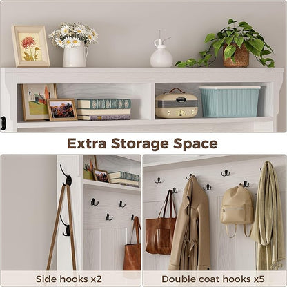 IRONCK Hall Tree with Bench and Shoe Storage, 6-in-1 Entryway Bench with Coat Rack, Adjustable Shelf, Hanging Hooks, 11 Shoe Cubbies, 2-Tier Top Storage, for Entryway, Bedroom, Living Room, White