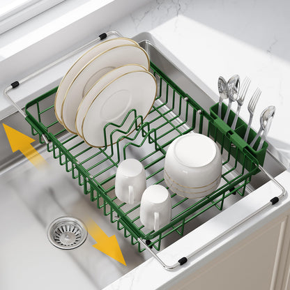 Green Dish Drying Rack Over the Sink with Utensil Holder