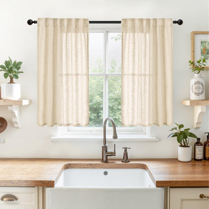 Tan Linen Semi Sheer Curtains 34 X 40 Inch for Kitchen Window (2 Count)